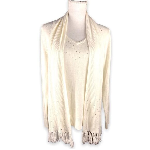 Debbie Morgan Sparkle Cream V Neck Sweater w/ Matching Detachable Scarf Size PXL - Picture 1 of 9